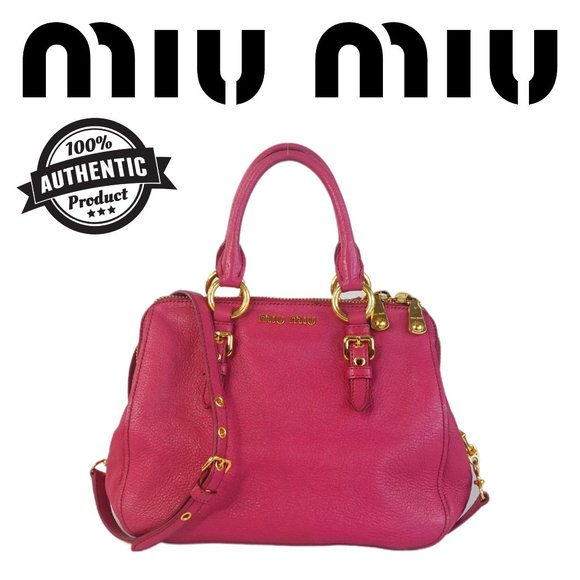 Miu Miu Vitello Leather Hand Bag Top Zipper 2 Ways Hot Pink